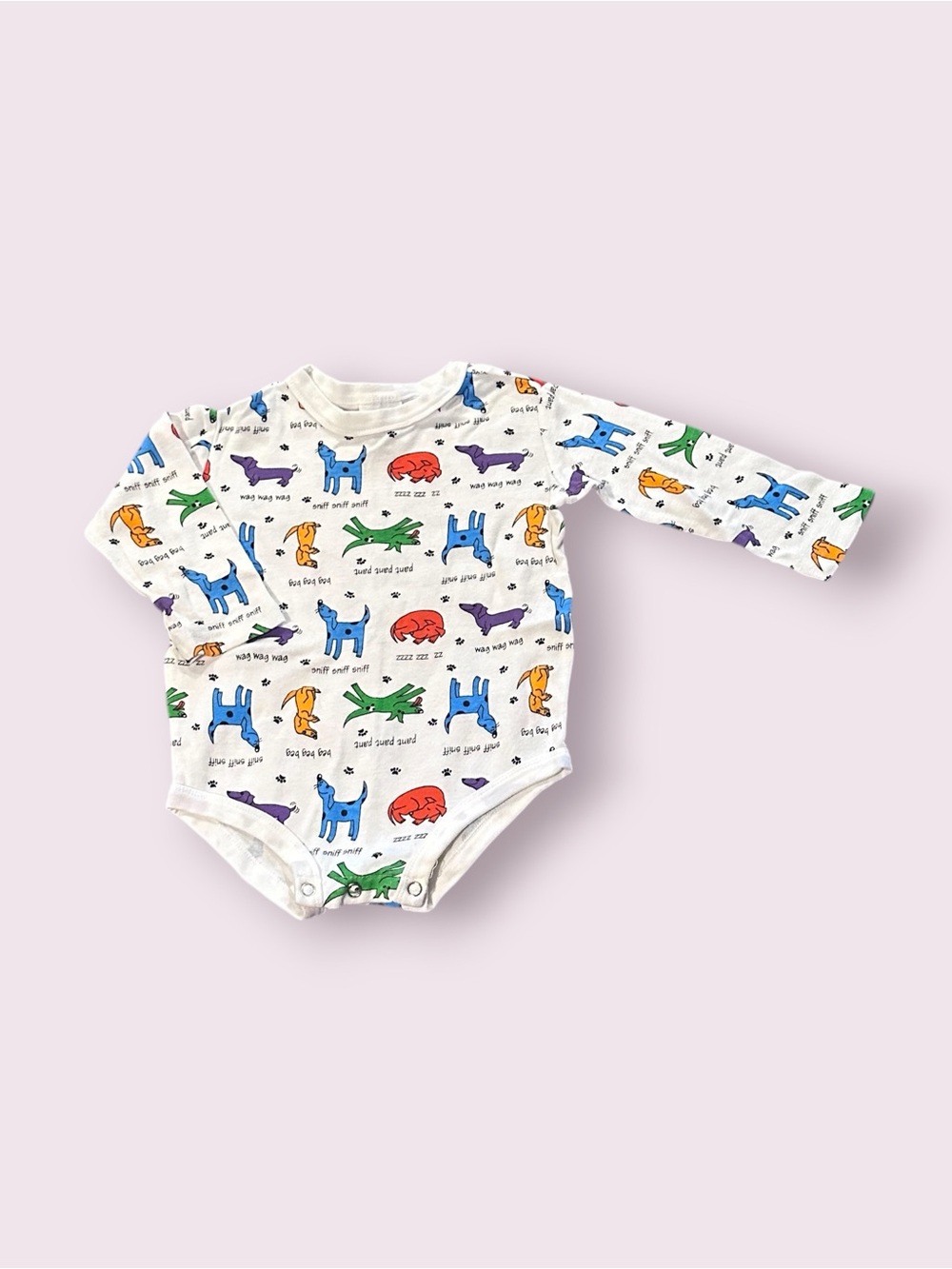 Vintage Baby Sara's Prints All Over Colorful Dog Print Long Sleeve Bodysuit 18 M